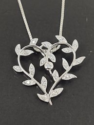 BEAUTIFUL STERLING SILVER CZ OLIVE LEAF BRANCH HEART NECKLACE