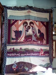 Holy Family Needlepoint Style Woven Manger Scene Blanket Or Wall Hanging DomC/SR