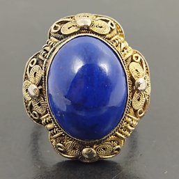 VINTAGE CHINESE GILT STERLING SILVER FILIGREE LAPIS CABOCHON RING