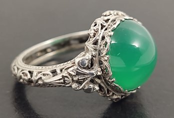 ANTIQUE VICTORIAN STERLING SILVER FILIGREE CHRYSOPRASE CABOCHON RING
