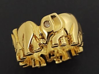 VINTAGE DESIGNER SIGNED GOLD OVER STERLING SILVER DIAMOND EYES ELEPHANT BAND RING