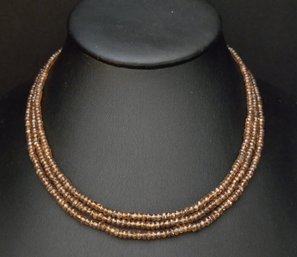 STUNNING 18K GOLD TRIPLE STRAND FACETED SMOKY QUARTZ BEADS NECKLACE