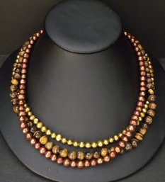 STERLING SILVER MULTI STRAND COLORED PEARLS & TIGERS EYE BEADED NECKLACE