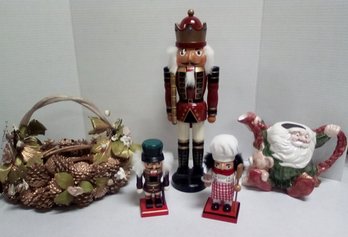 Christmas Lot With Beautiful Hand Decorated Basket, 3 Nutcrackers & Ceramic FF 40 Oz. Pitcher RC/C2