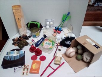 Vintage Lot Of Toys,  Crate & Barrel Playing Cards, Golf Balls, Baseballs, Tees & More BW/CVBK-B