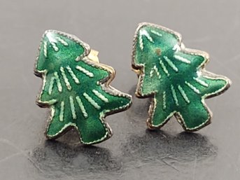 STERLING SILVER ENAMEL PINE TREE EARRINGS