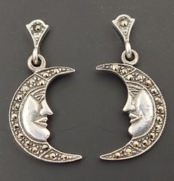 STERLING SILVER MARCASITE MAN IN THE MOON MOONFACE EARRINGS