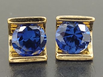 AMAZING GOLD OVER STERLING SILVER BLUE SAPPHIRE STUD EARRINS