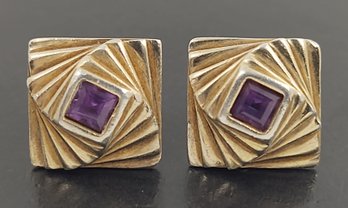 VINTAGE SIGNED ARTISAN GILT STERLING SILVER GEOMETRIC STYLE AMETHYST EARRINGS