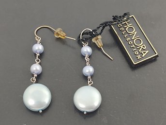 BEAUTIFUL HONORA COLLECTION STERLING SILVER LIGHT BLUE PEARL DROP EARRINGS