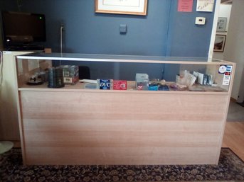 Store Front Good Wood Veneer Counter With Glass Top & 2 Shelves On Other Side