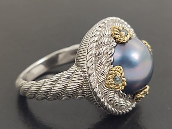 AMAZING DESIGNER JUDITH RIPKA STERLING SILVER TAHETIAN PEARL & TOPAZ RING