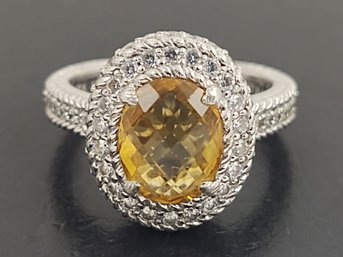 BEAUTIFUL DESIGNER JUDITH RIPKA STERLING SILVER FACETED CITRINE CZ HALO RING