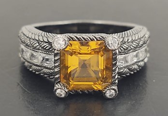 DESIGNER JUDITH RIPKA AGED STERLING SILVER CITRINE & CZ RING