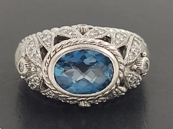 BEAUTIFUL DESIGNER JUDITH RIPKA STERLING SILVER BLUE TOPAZ & CZ RING