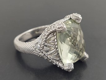 DESIGNER JUDITH RIPKA STERLING SILVER FACETED GREEN AMETHYST & CZ RING