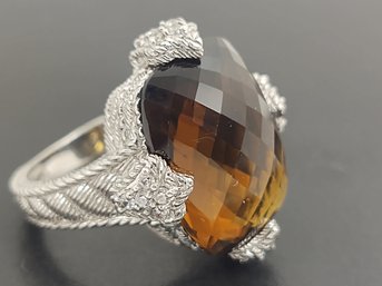 DESIGNER JUDITH RIPKA STERLING SILVER FACETED SMOKY QUARTZ & CZ RING