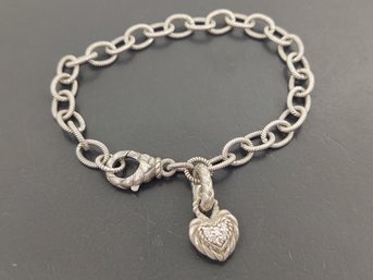 DESIGNER JUDITH RIPKA STERLING SILVER CZ HEART CHARM ROLO LINK BRACELET