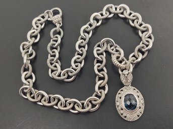 HEAVY DESIGNER JUDITH RIPKA STERLING SILVER BLUE TOPAZ & CZ ROLO LINK NECKLACE