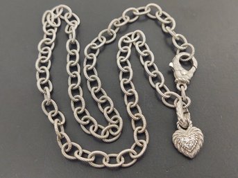 DESIGNER JUDITH RIPKA STERLING SILVER CZ HEART CHARM ROLO LINK NECKLACE