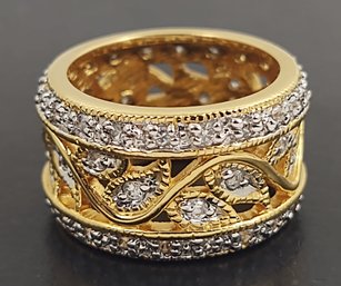 STUNNING GOLD OVER STERLING SILVER CZ  ORNATE OLIVE LEAVE BAND RING