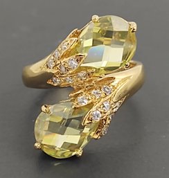 BEAUTIFUL GOLD OVER STERLING SILVER FACETED GREEN STONE & CZ BYPASS RING