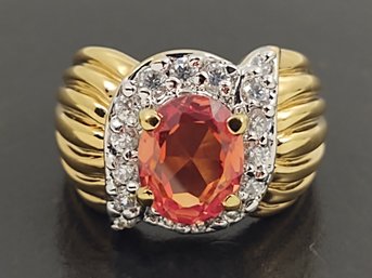 STUNNING GOLD OVER STERLING SILVER ORANGE SAPPHIRE & CZ RING