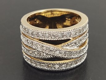 BEAUTIFUL GOLD OVER STERLING SILVER CZ CROSSOVER WIDE BAND RING