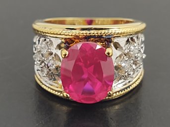 BEAUTIFUL GOLD OVER STERLING SILVER RUBY & CZ RING