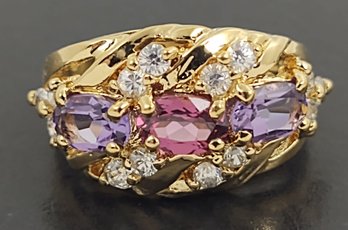 STUNNING GOLD OVER STERLING SILVER AMETHYST PINK TOURMALINE & CZ RING