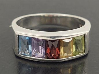 STERLING SIVLER CHANNEL SET MULTI GEMSTONE RING