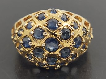 BEAUTIFUL GOLD OVER STERLING SILVER BLUE SAPPHIRE QUILTED PATTERN DOME RING