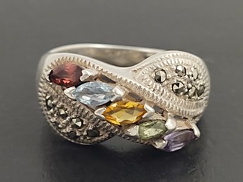 STERLING SILVER MULTI GEMSTONE & MARCASITE RING