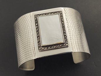 STUNNING WIDE STERLING SILVER MOTHER OF PEARL & MARCASITE CUFF BRACELET