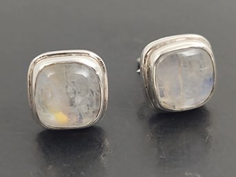 BEAUTIFUL SQUARE STERLING SILVER MOONSTONE STUD EARRINGS