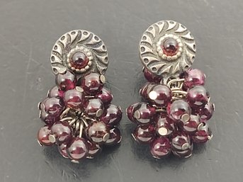 VINTAGE STERLING SILVER GARNET CLUSTER BEADED EARRINGS