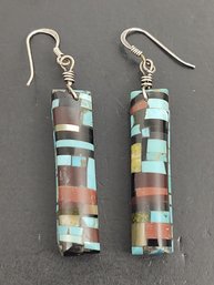 VINTAGE SOUTHWESTERN STERLING SILVER MULTI STONE INLAY MOSIAC DANGLE EARRINGS