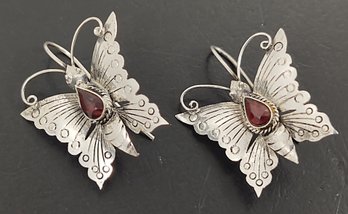 BEAUTIFUL VINTAGE STERLING SILVER GARNET BUTTERFLY EARRINGS