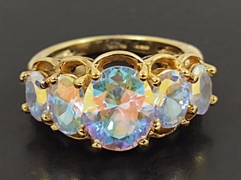 BEAUTIFUL GOLD OVER STERLING SILVER AURORA BOREALIS CZ 5 STONE RING