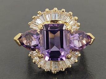 STUNNING GOLD OVER STERLING SILVER AMETHYST & CZ RING