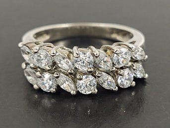 BEAUTIFUL STERLING SILVER DOUBLE ROW ROUND & MARQUISE CUT CZ RING