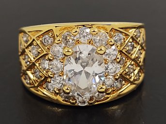 BEAUTIFUL GOLD OVER STERLING SILVER QUILTED PATTERN PAVE CZ RING