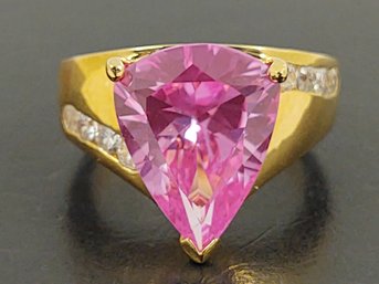 STUNNING GOLD OVER STERLING SILVER PINK SAPPHIRE & CZ RING