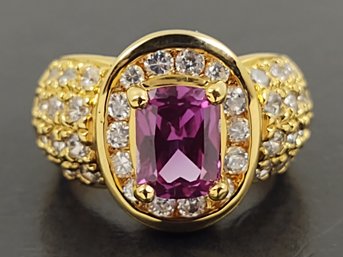 STUNNING GOLD OVER STERLING SILVER PURPLE SAPPHIRE & CZ HALO RING