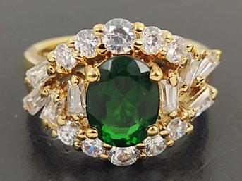 BEAUTIFUL GOLD OVER STERLING SILVER GREEN & WHITE CZ RING