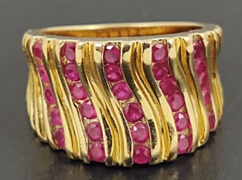 STUNNING GOLD OVER STERLING SILVER RUBY WAVY ROWS RING