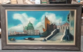 Beautiful Oil On Canvas Painting Of Ancient Sea Port Signed By The Artist Matted  PD / CAVB