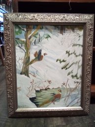 Ornately Framed Oil On Canvas Board Of Pheasants In Wintery Woods Signed By Artist PD/WA-D