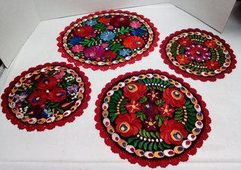 4 Gorgeous Hungarian Matyo Hand Embroidered Cloth Mulicolored Doilies  EH/SideA4