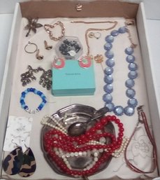 Jewelry Lot With Necklaces, Silverplate Lions Club Dish, Earrings, Pins, Rosary Beads & More TA/D3